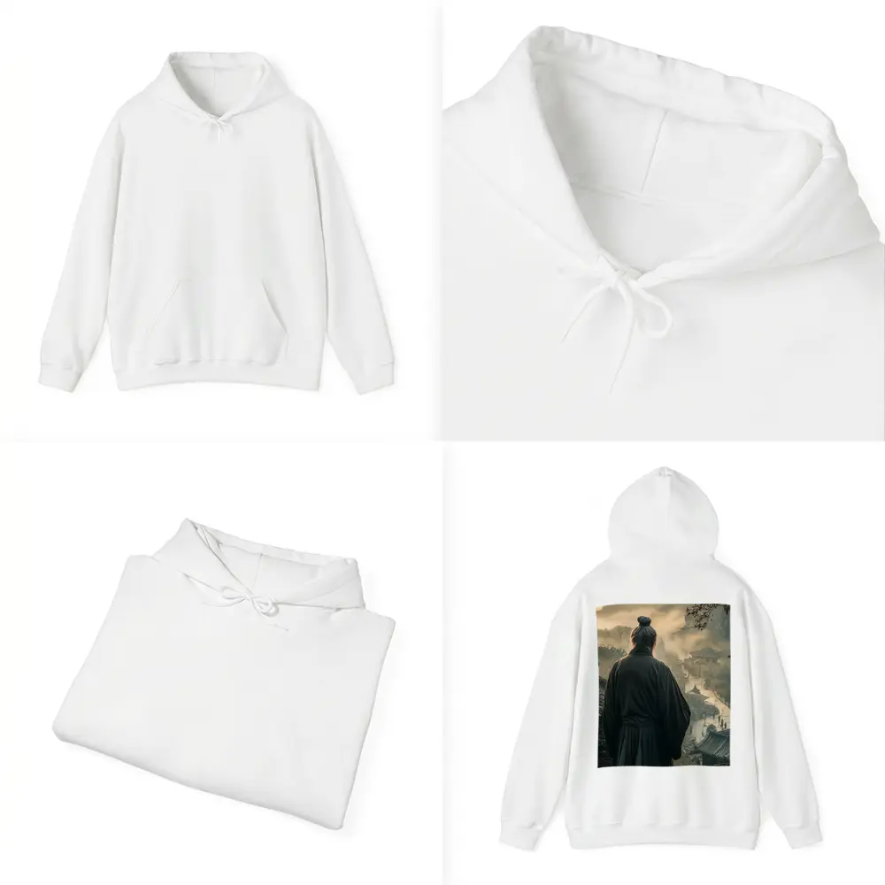 Samurai Elder Overlooking Misty Ancient Village – Hoodies