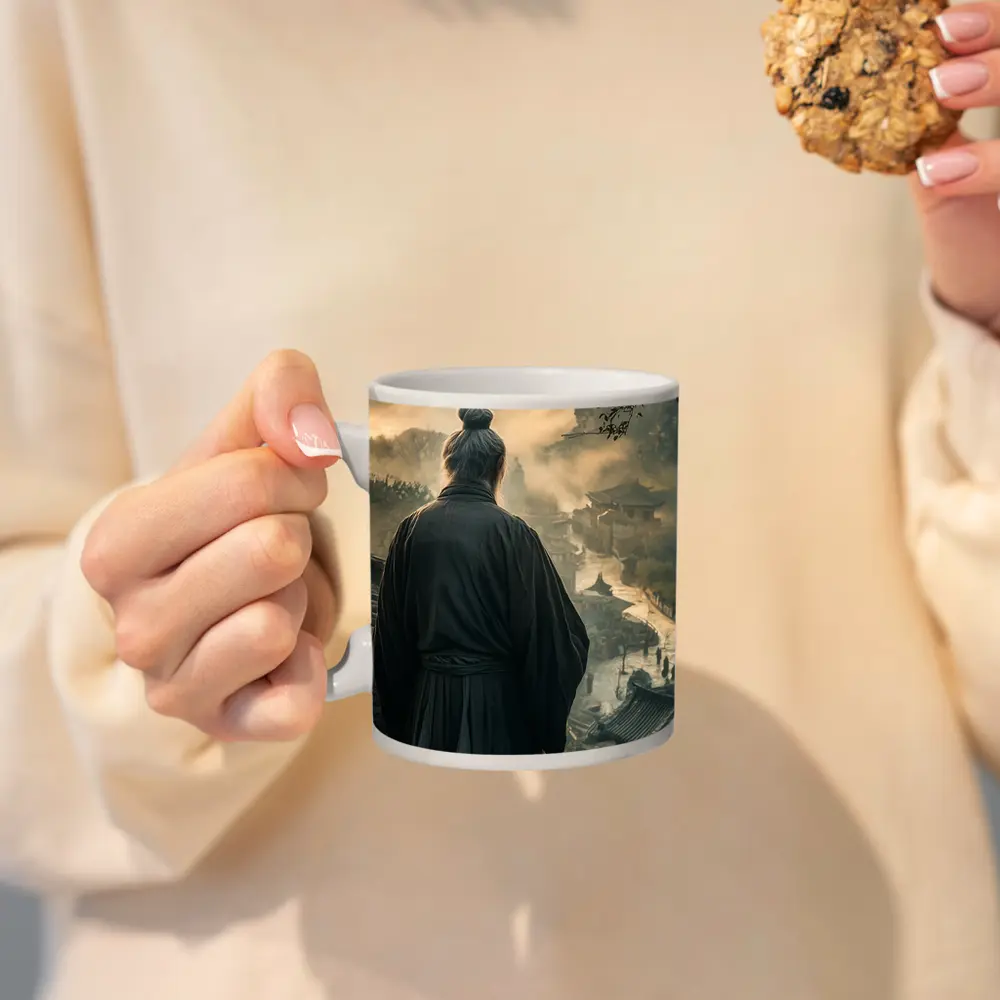 Samurai Elder Overlooking Misty Ancient Village – Mugs
