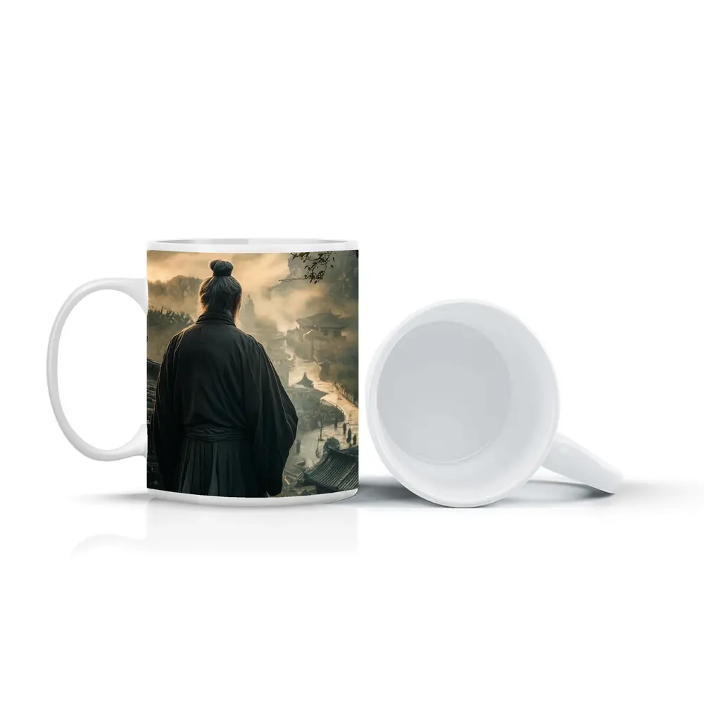 Samurai Elder Overlooking Misty Ancient Village – Mugs