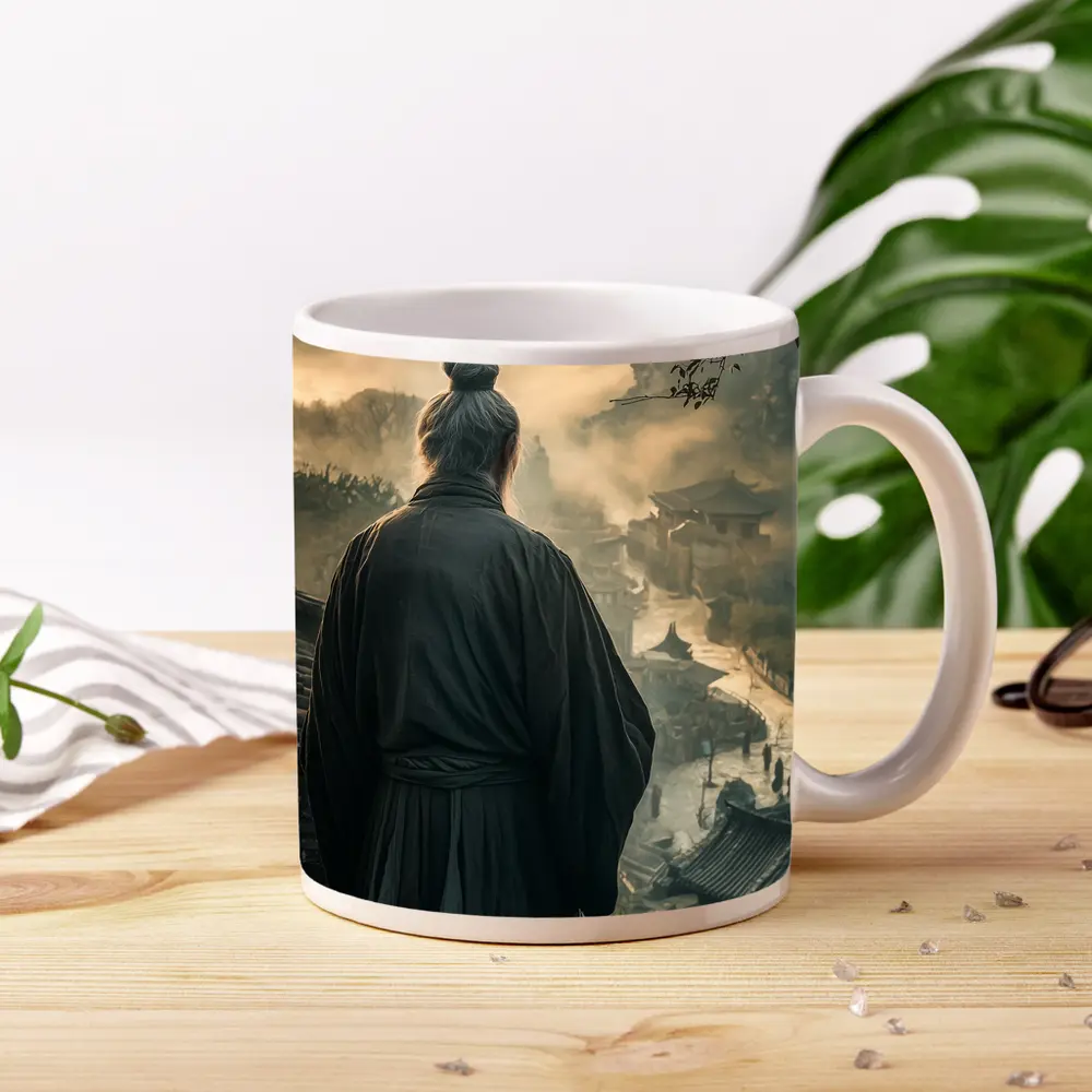 Samurai Elder Overlooking Misty Ancient Village – Mugs