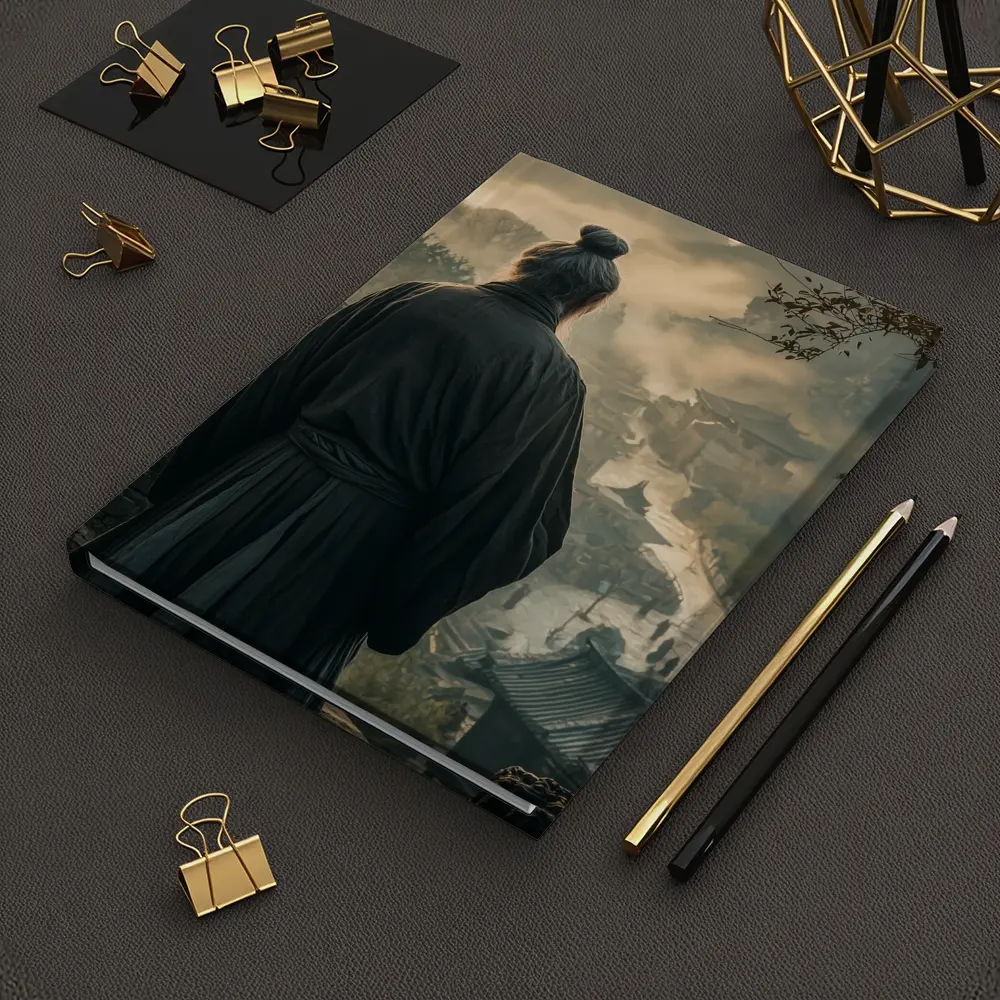 Samurai Elder Overlooking Misty Ancient Village – Notebooks