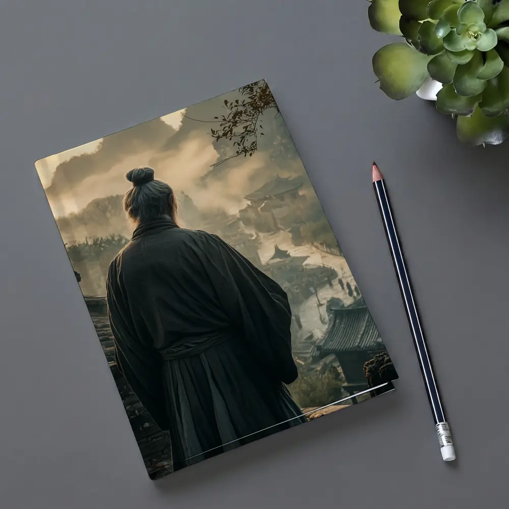 Samurai Elder Overlooking Misty Ancient Village – Notebooks