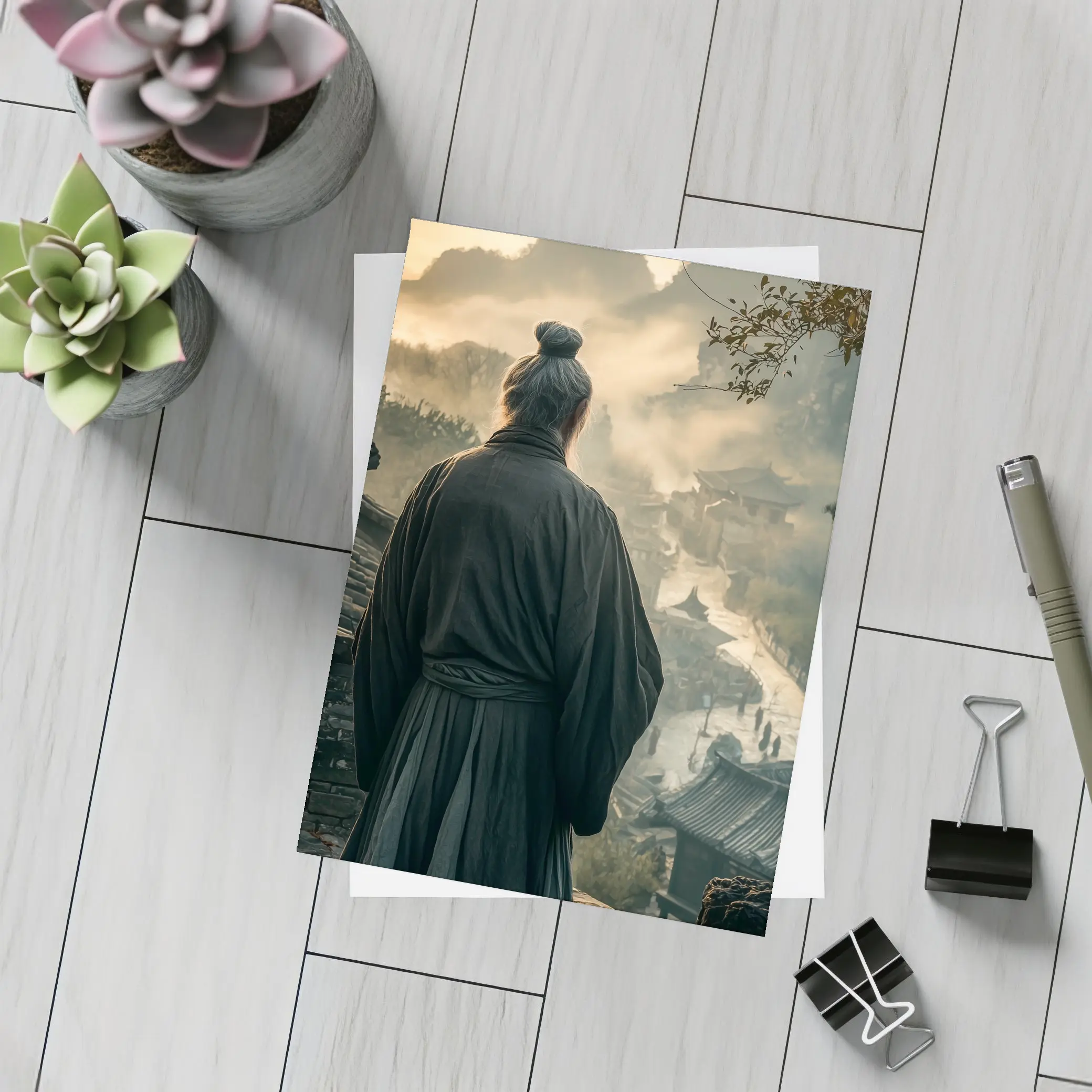 Samurai Elder Overlooking Misty Ancient Village – Postcards