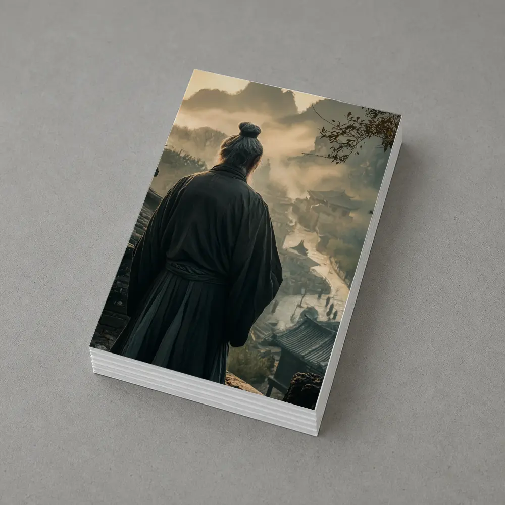 Samurai Elder Overlooking Misty Ancient Village – Postcards