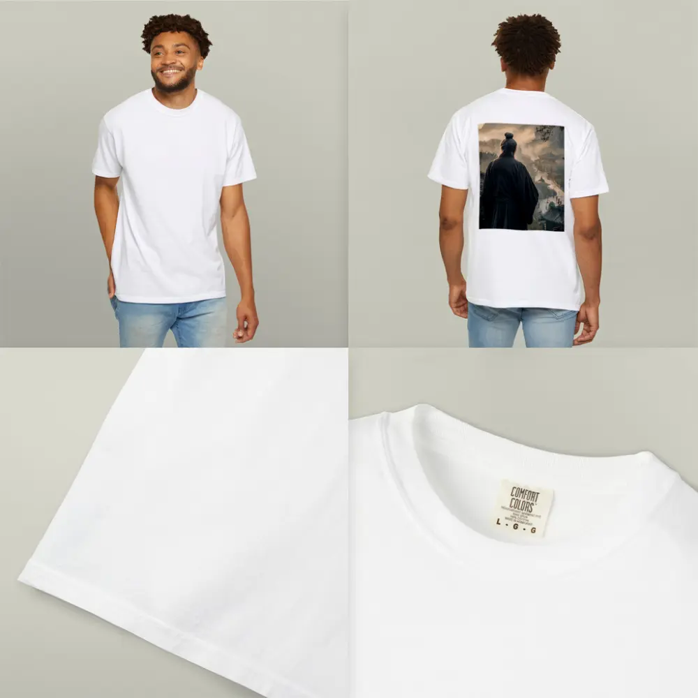 Samurai Elder Overlooking Misty Ancient Village – T-Shirts