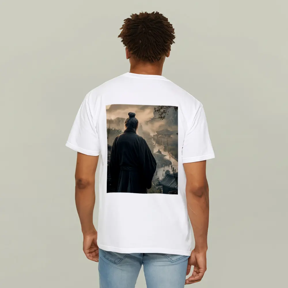 Samurai Elder Overlooking Misty Ancient Village – T-Shirts