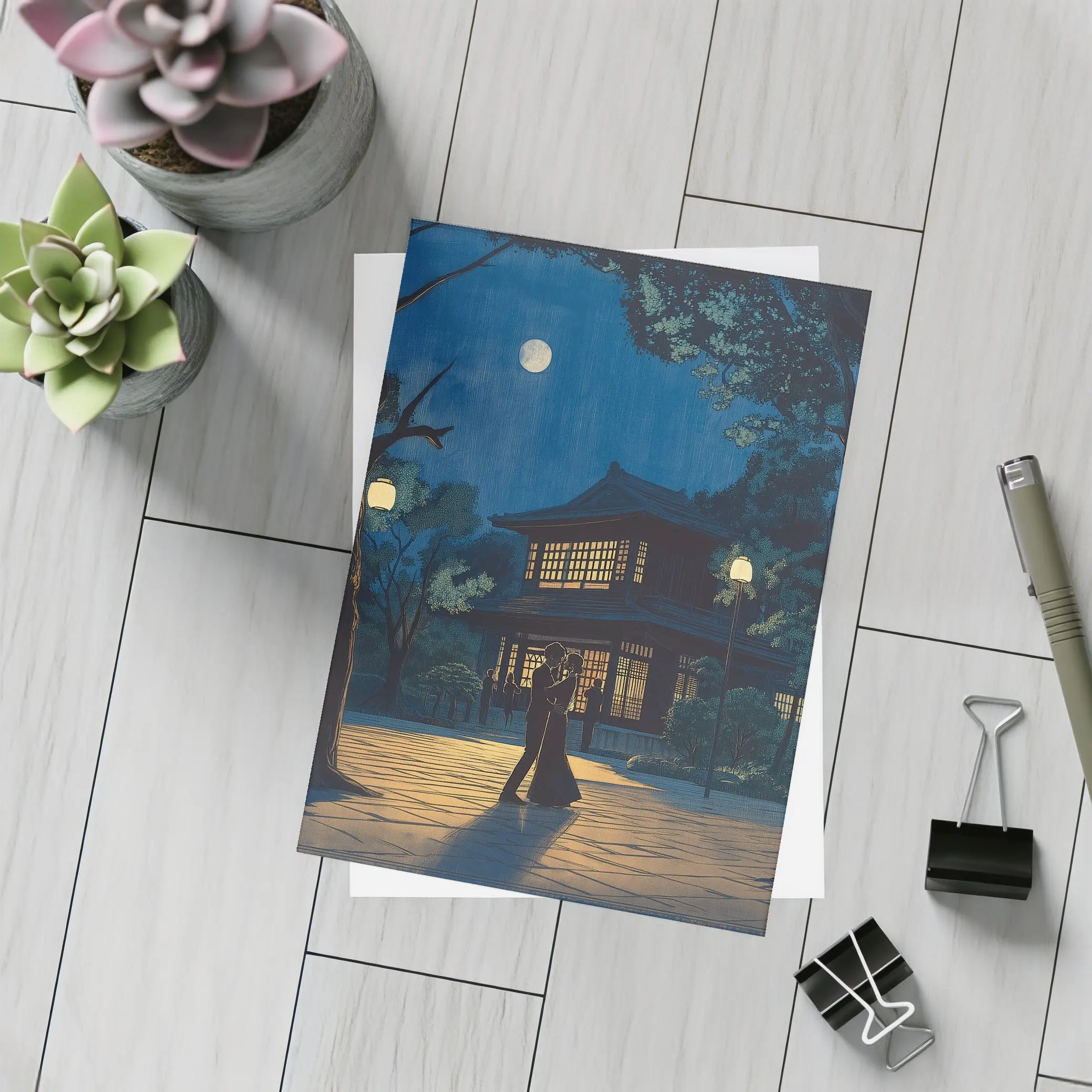 Couple Dancing Under Moon Japanese Night – Postcards