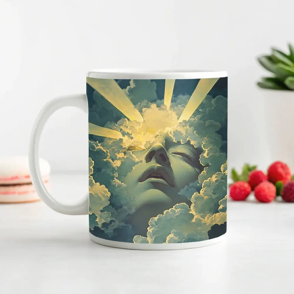 Surreal Face Emerging From Heavenly Clouds – Mugs