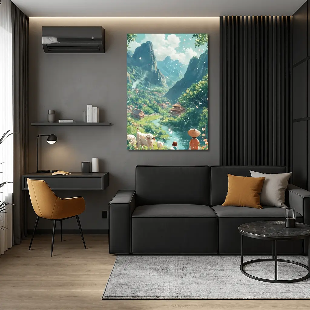Anime Valley Village Children and Cows – Wall Art