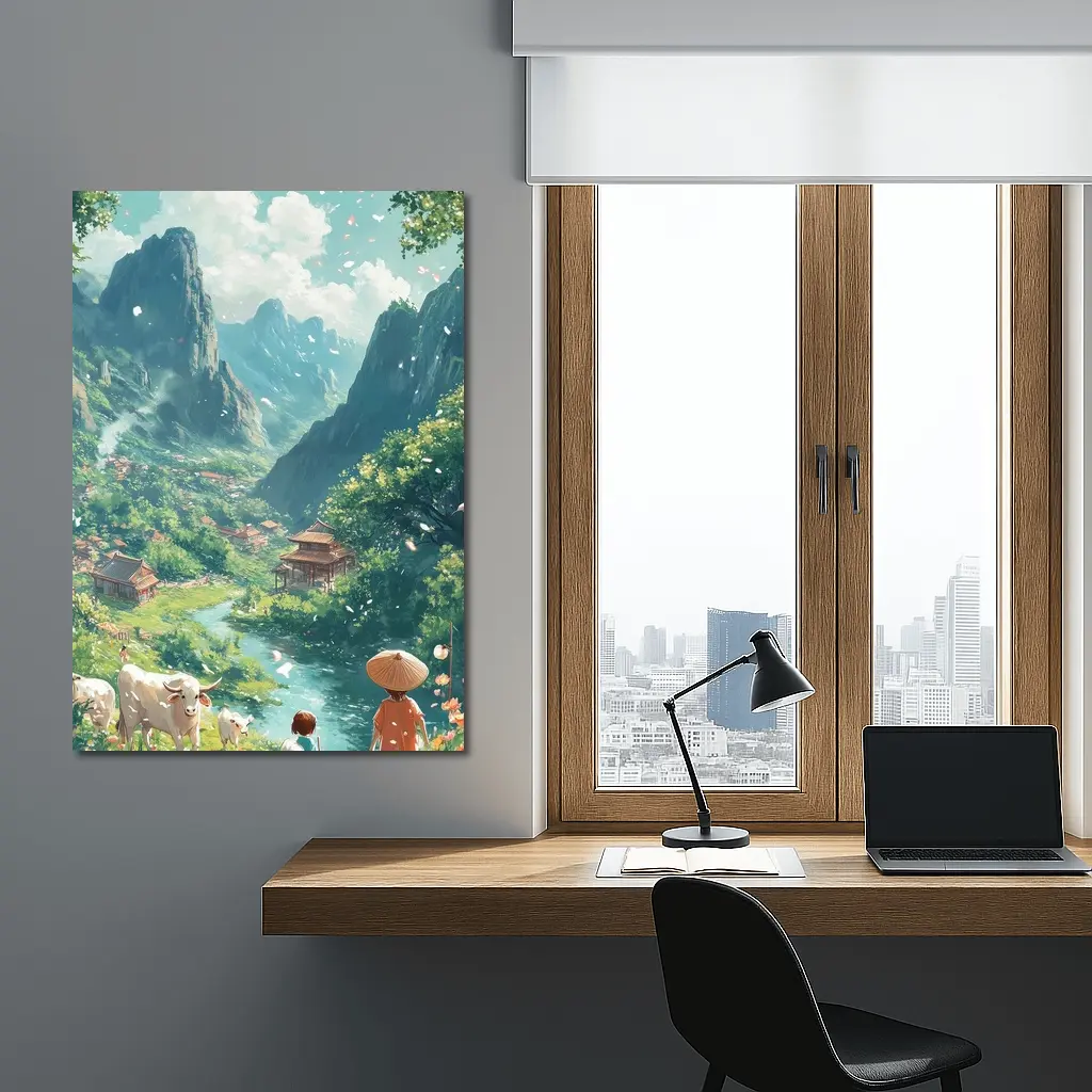 Anime Valley Village Children and Cows – Wall Art