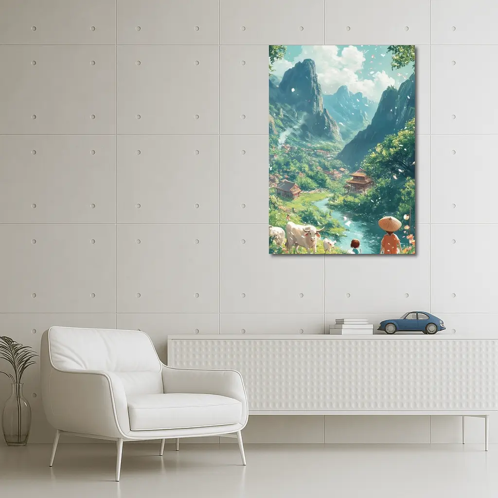 Anime Valley Village Children and Cows – Wall Art