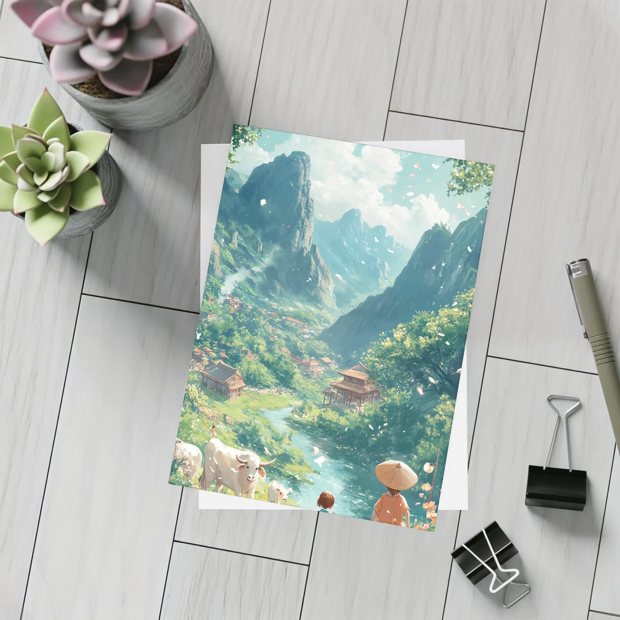 Anime Valley Village Children and Cows – Postcards