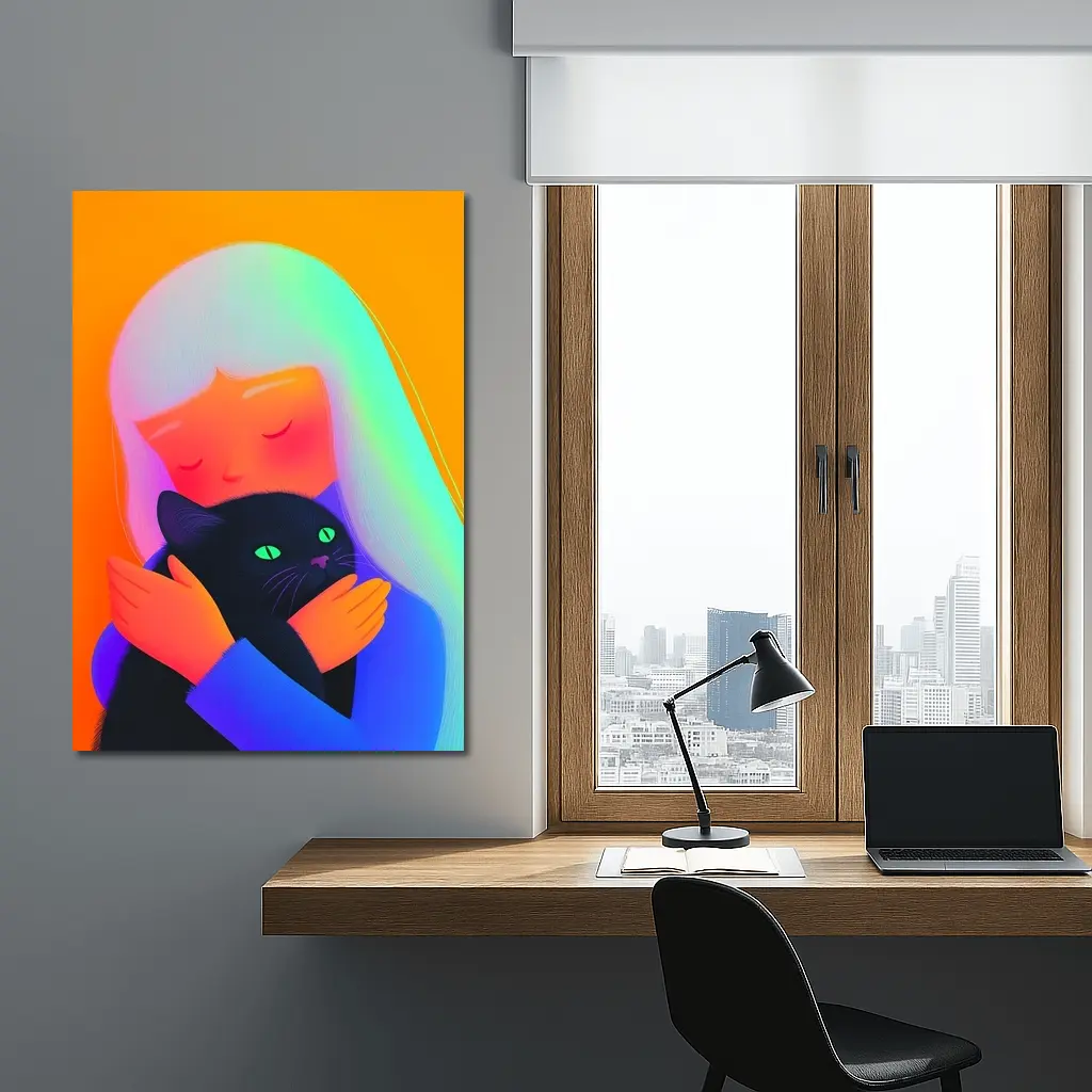 Girl Hugging Black Cat Rainbow Hair – Wall Art