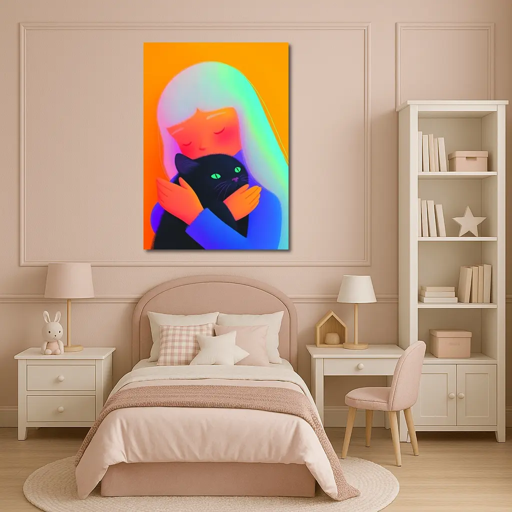Girl Hugging Black Cat Rainbow Hair – Wall Art