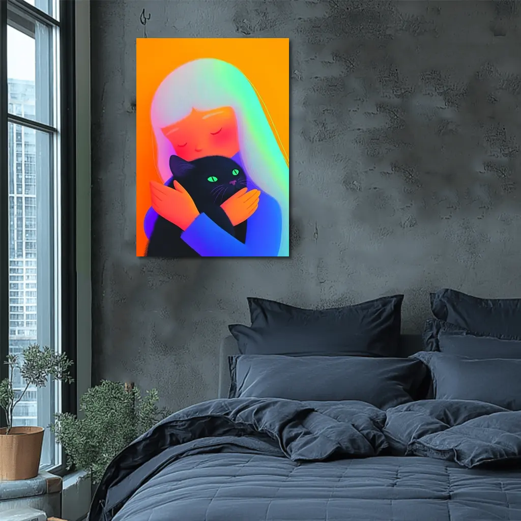 Girl Hugging Black Cat Rainbow Hair – Wall Art