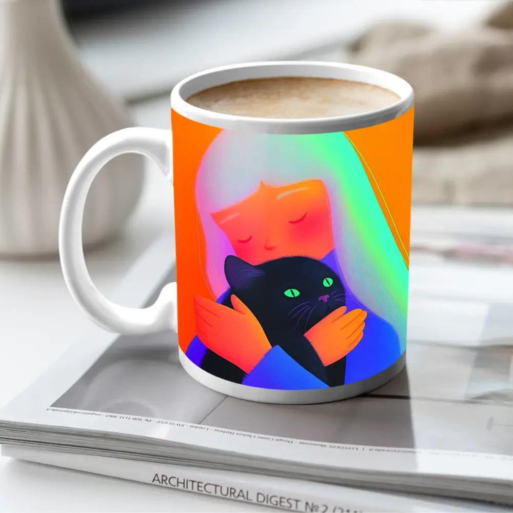 Girl Hugging Black Cat Rainbow Hair – Mugs