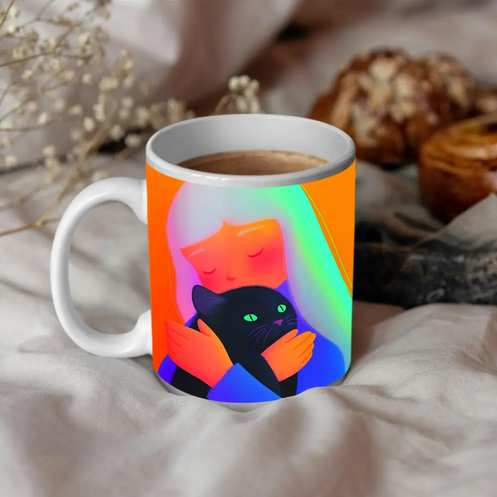 Girl Hugging Black Cat Rainbow Hair – Mugs