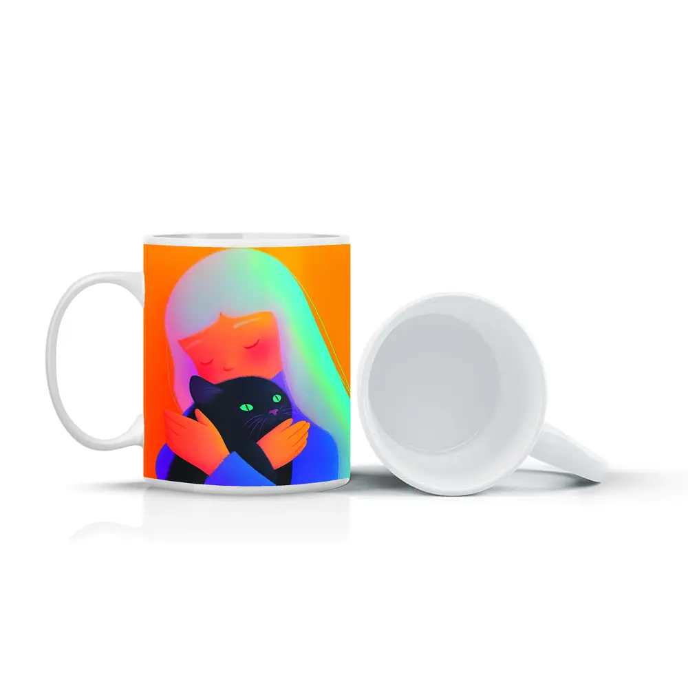 Girl Hugging Black Cat Rainbow Hair – Mugs