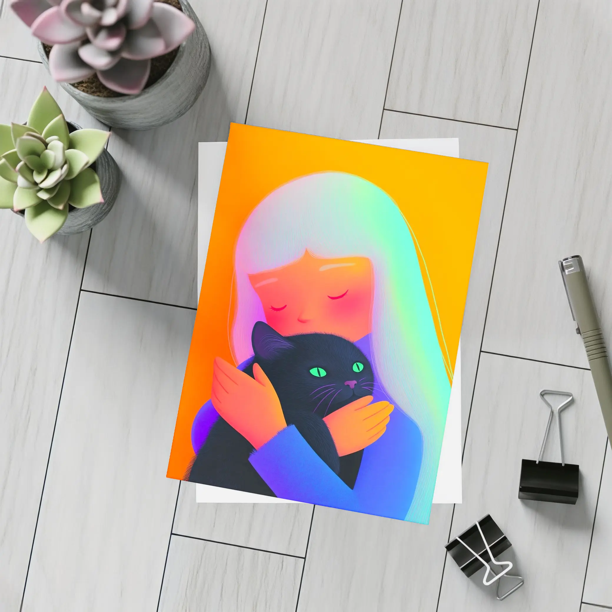 Girl Hugging Black Cat Rainbow Hair – Postcards