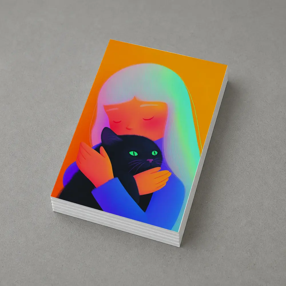 Girl Hugging Black Cat Rainbow Hair – Postcards