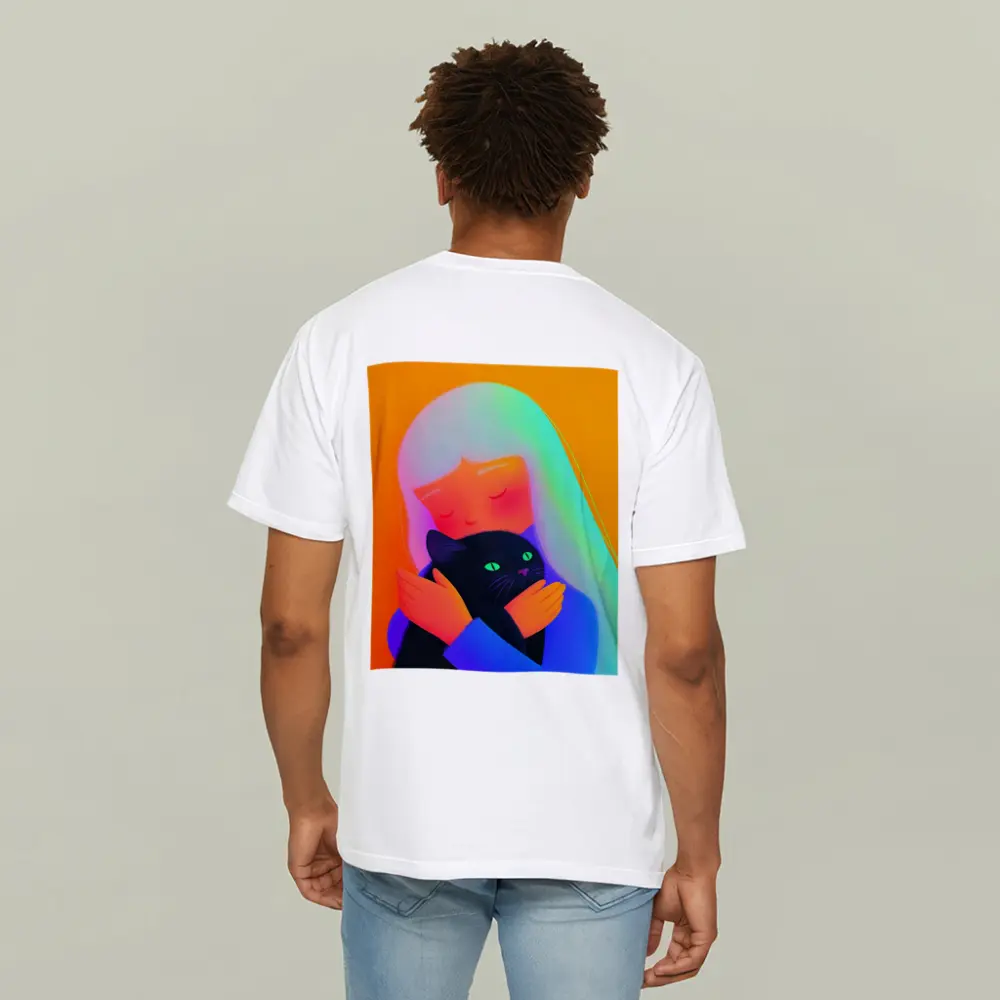 Girl Hugging Black Cat Rainbow Hair – T-Shirts