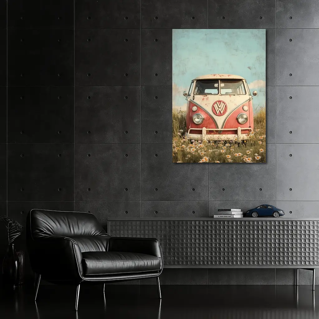 Vintage Volkswagen Bus Daisy Field Art – Wall Art