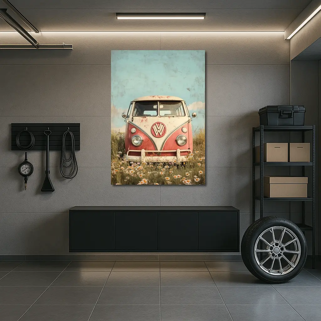 Vintage Volkswagen Bus Daisy Field Art – Wall Art