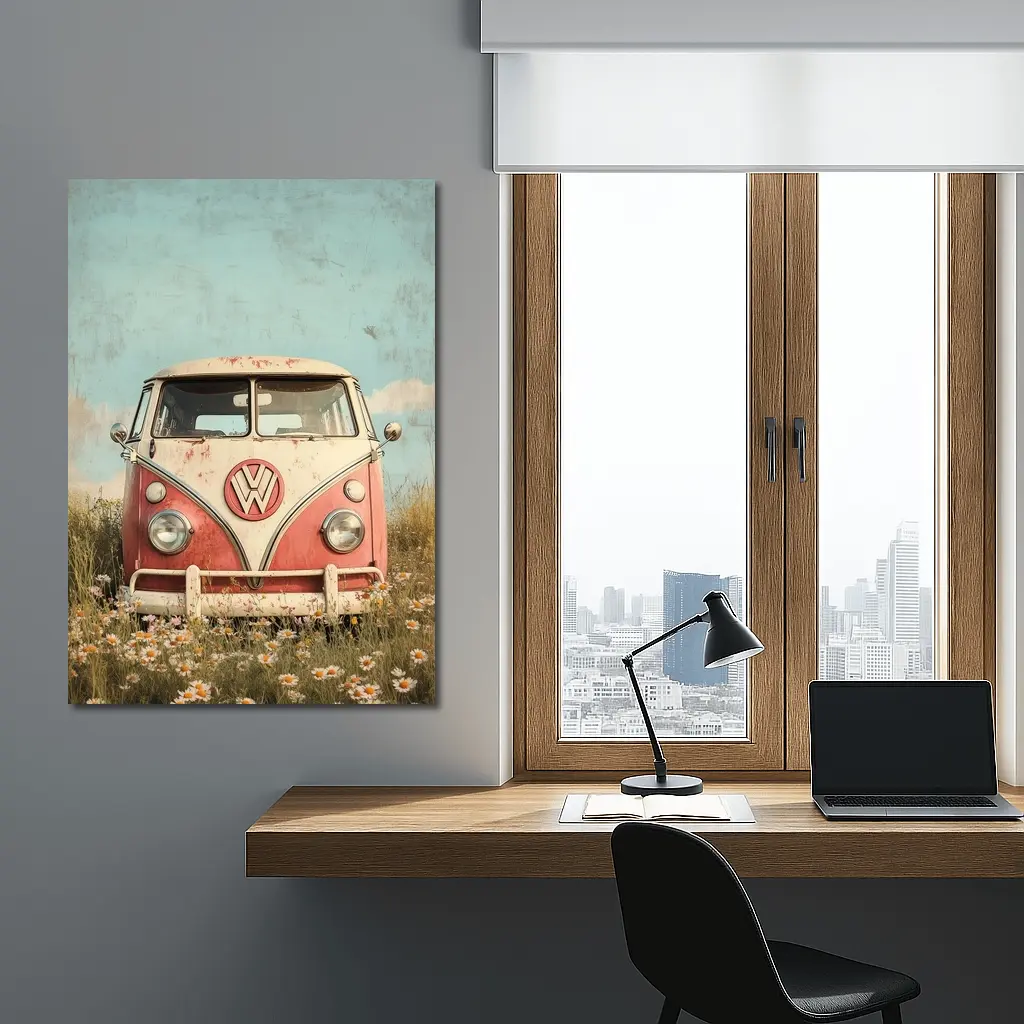 Vintage Volkswagen Bus Daisy Field Art – Wall Art