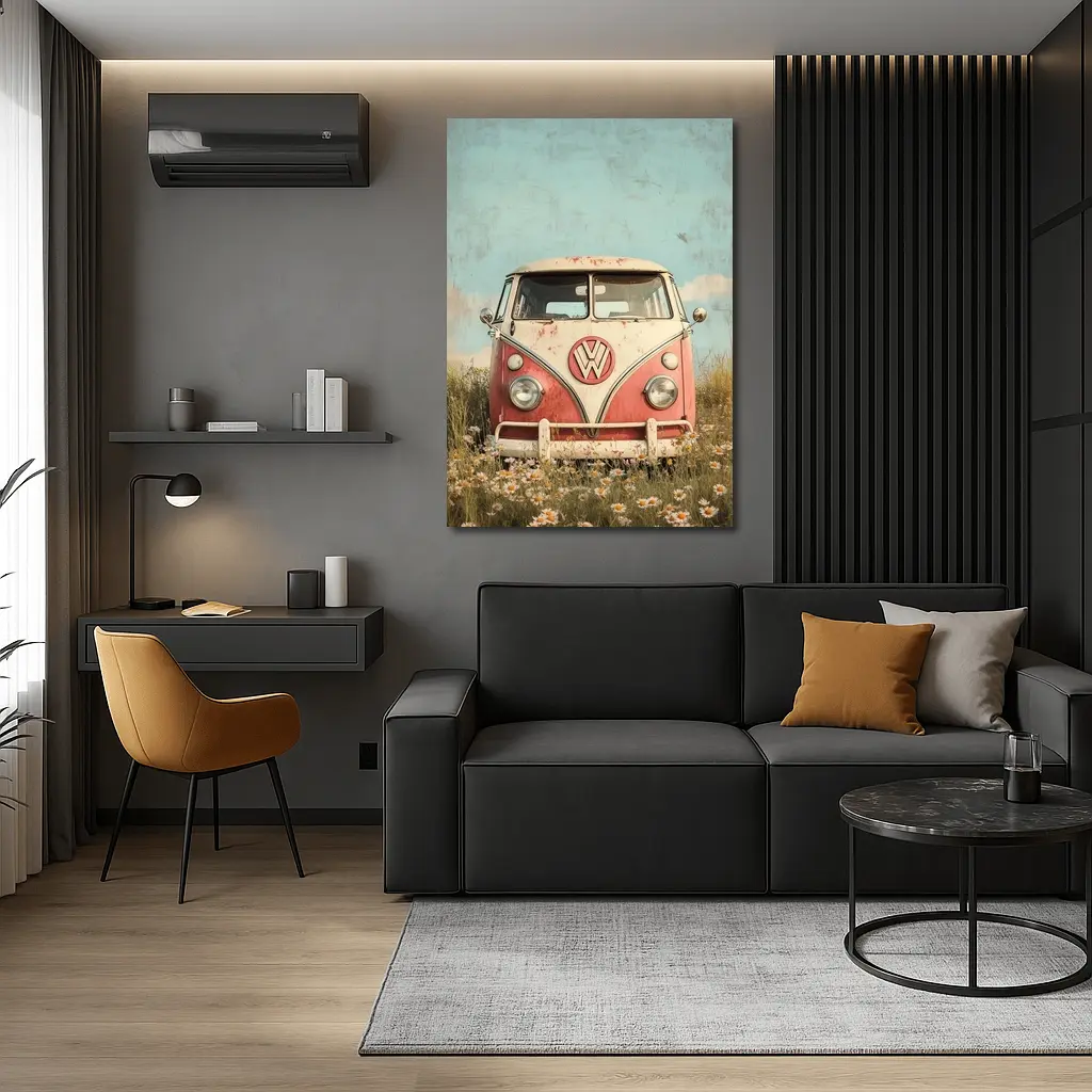 Vintage Volkswagen Bus Daisy Field Art – Wall Art