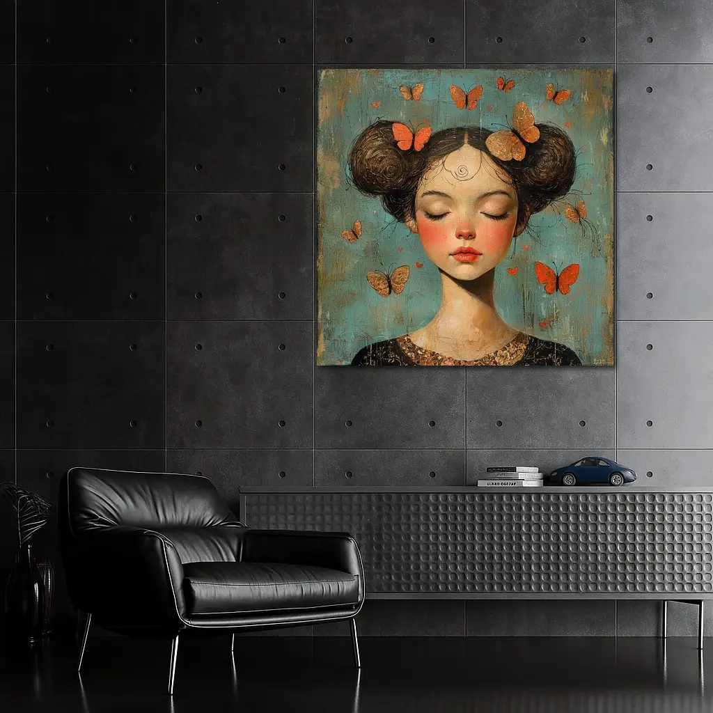 Girl With Butterflies Teal Vintage Painting – Wall Art