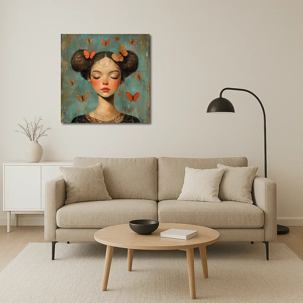 Girl With Butterflies Teal Vintage Painting – Wall Art