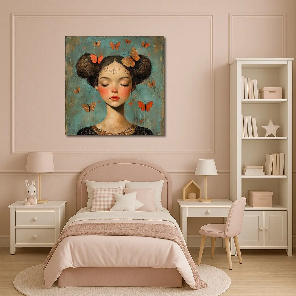 Girl With Butterflies Teal Vintage Painting – Wall Art