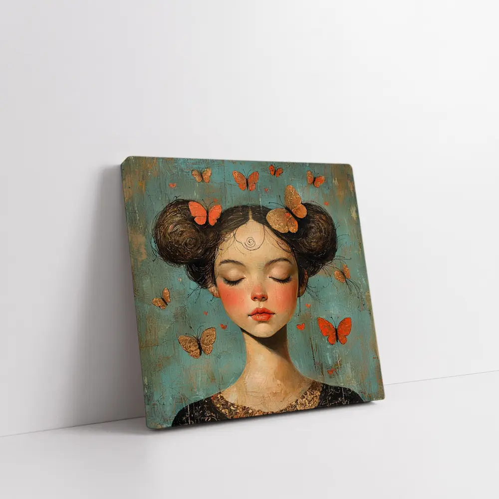 Girl With Butterflies Teal Vintage Painting – Wall Art
