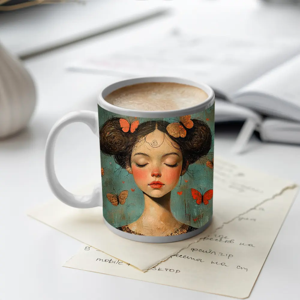 Girl With Butterflies Teal Vintage Painting – Mugs