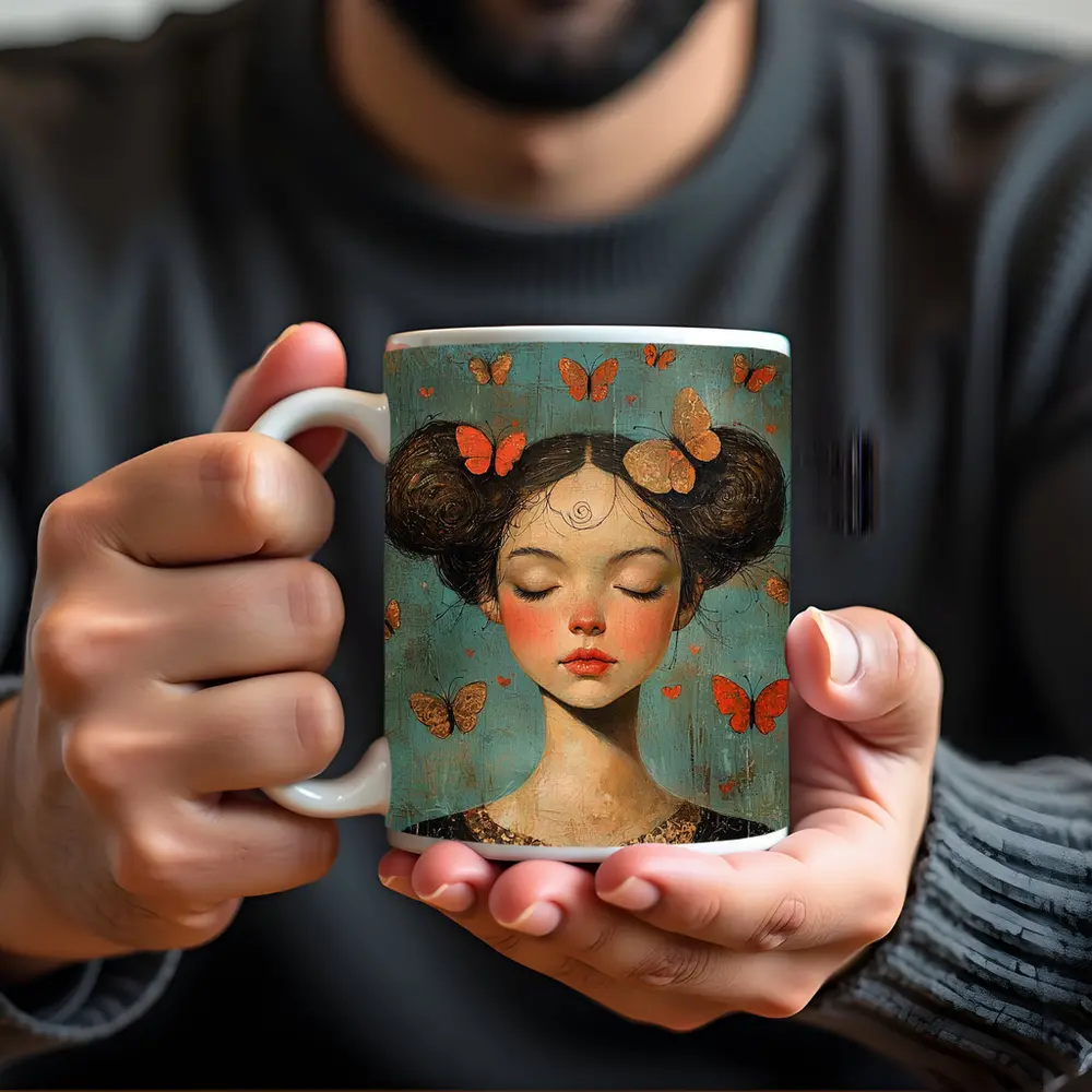 Girl With Butterflies Teal Vintage Painting – Mugs