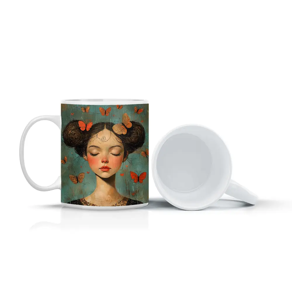 Girl With Butterflies Teal Vintage Painting – Mugs
