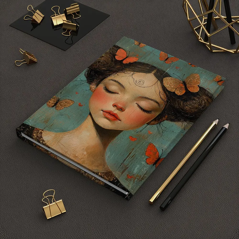 Girl With Butterflies Teal Vintage Painting – Notebooks