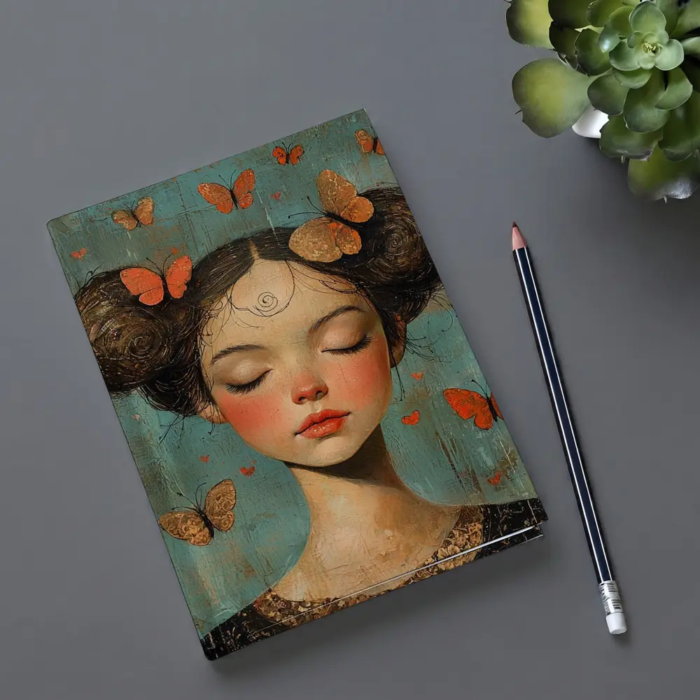 Girl With Butterflies Teal Vintage Painting – Notebooks