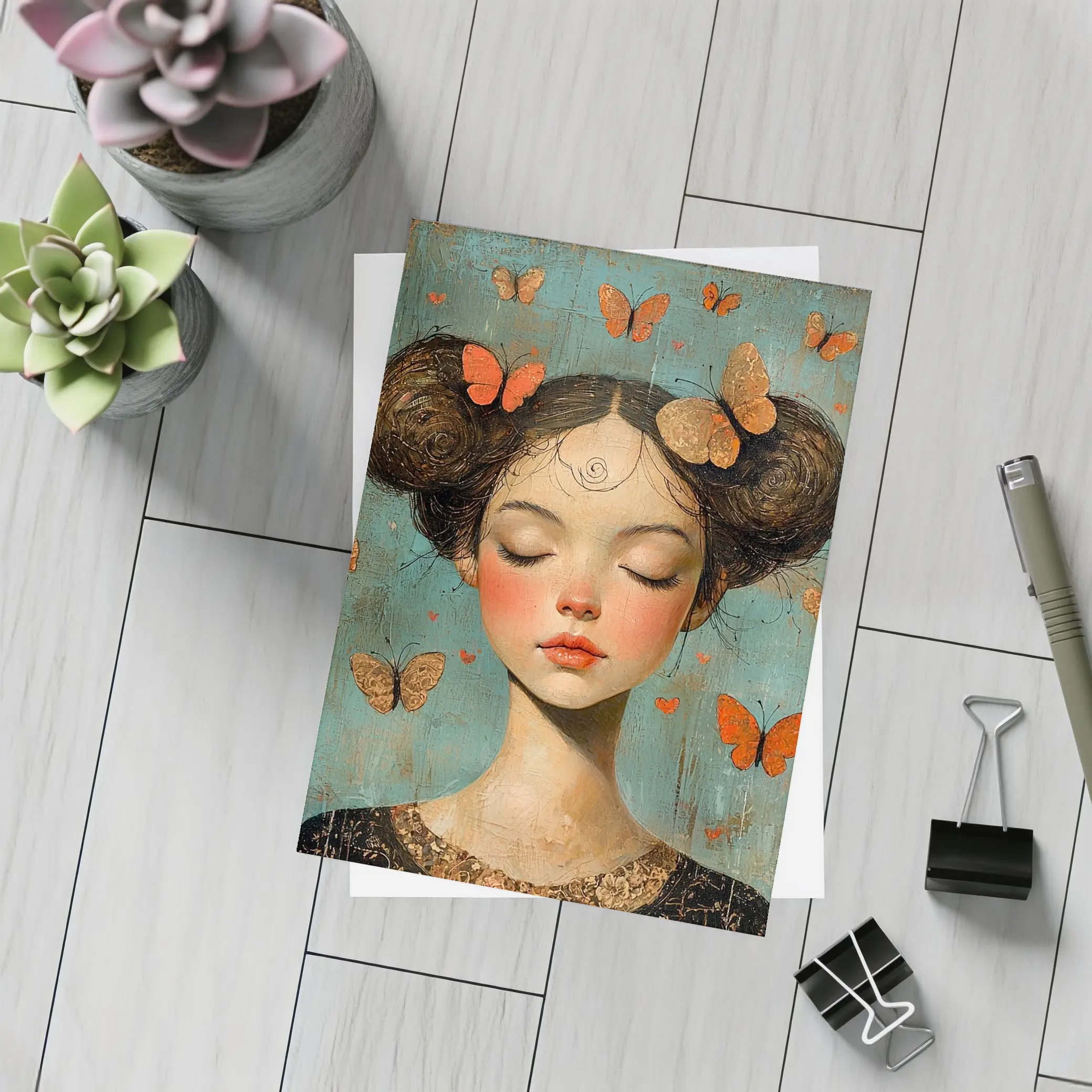 Girl With Butterflies Teal Vintage Painting – Postcards