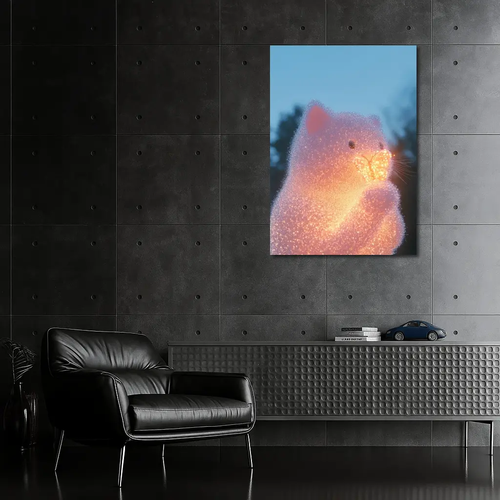 Glowing Crystal Cat Holding Butterfly Twilight – Wall Art