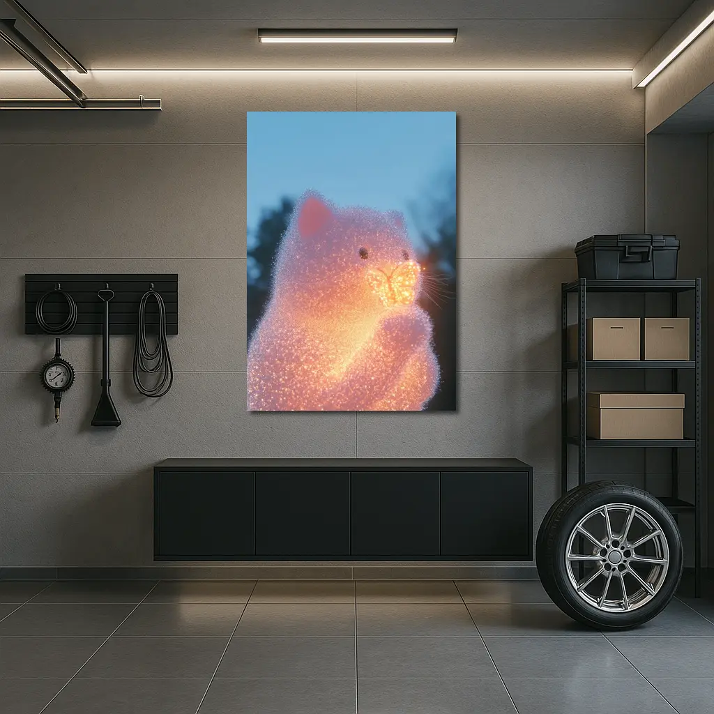 Glowing Crystal Cat Holding Butterfly Twilight – Wall Art