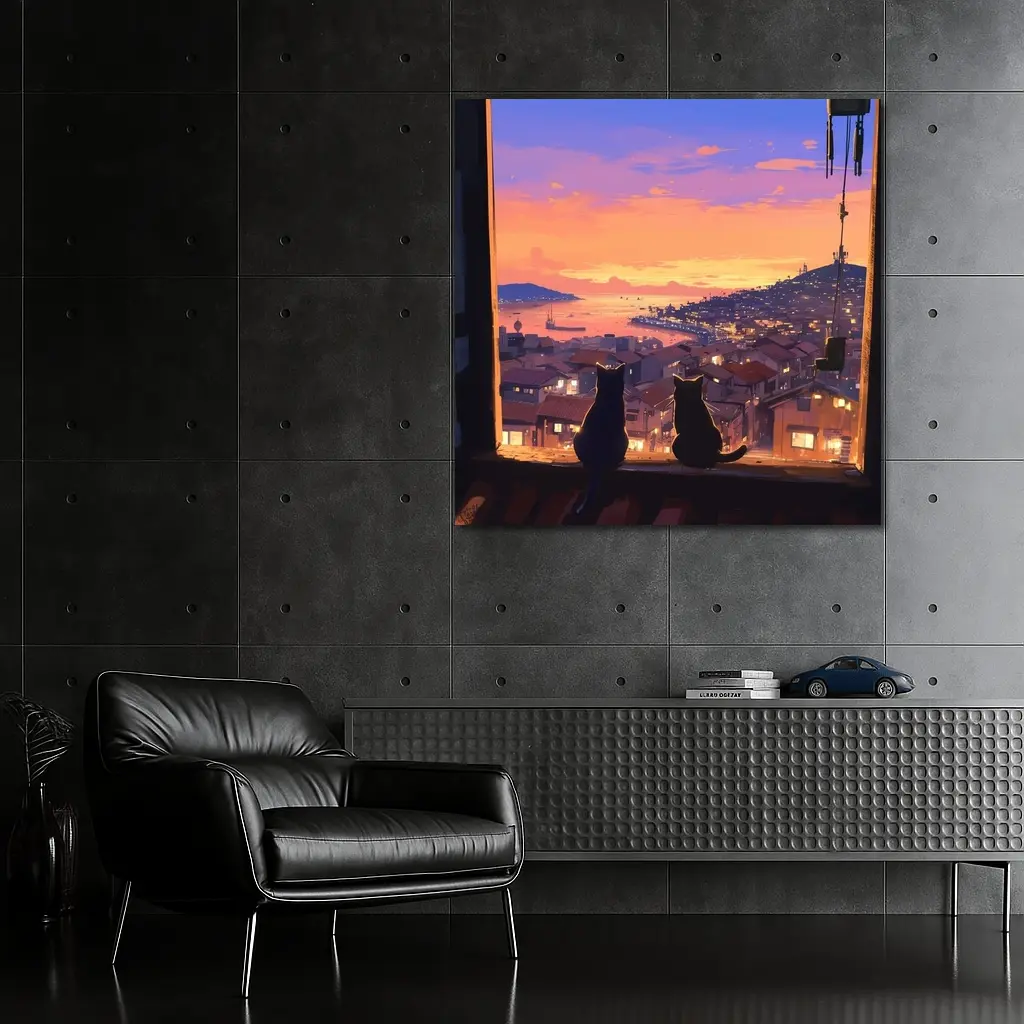 Two Cats Watching Anime City Sunset – Wall Art