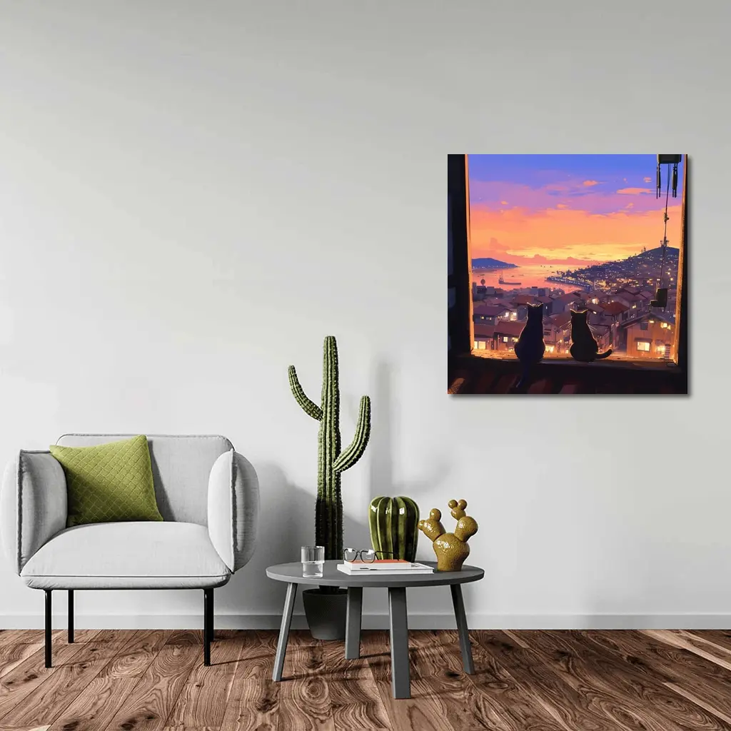 Two Cats Watching Anime City Sunset – Wall Art