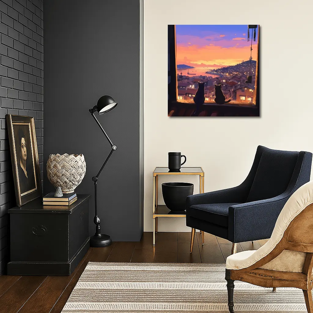 Two Cats Watching Anime City Sunset – Wall Art