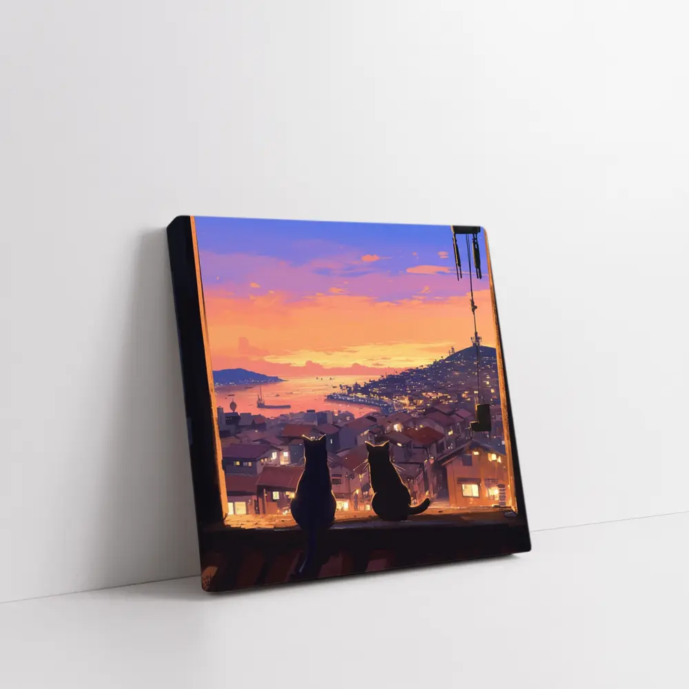 Two Cats Watching Anime City Sunset – Wall Art