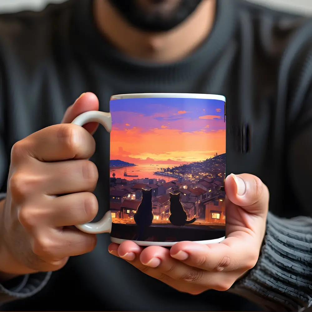 Two Cats Watching Anime City Sunset – Mugs