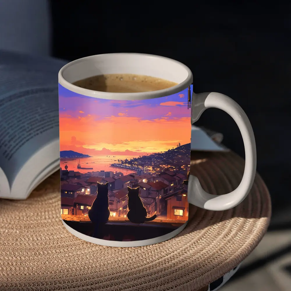 Two Cats Watching Anime City Sunset – Mugs