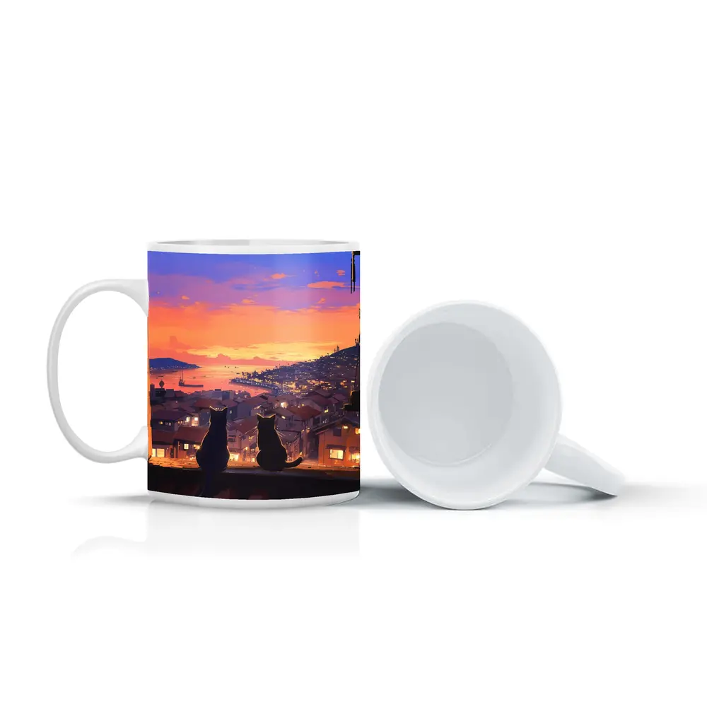 Two Cats Watching Anime City Sunset – Mugs