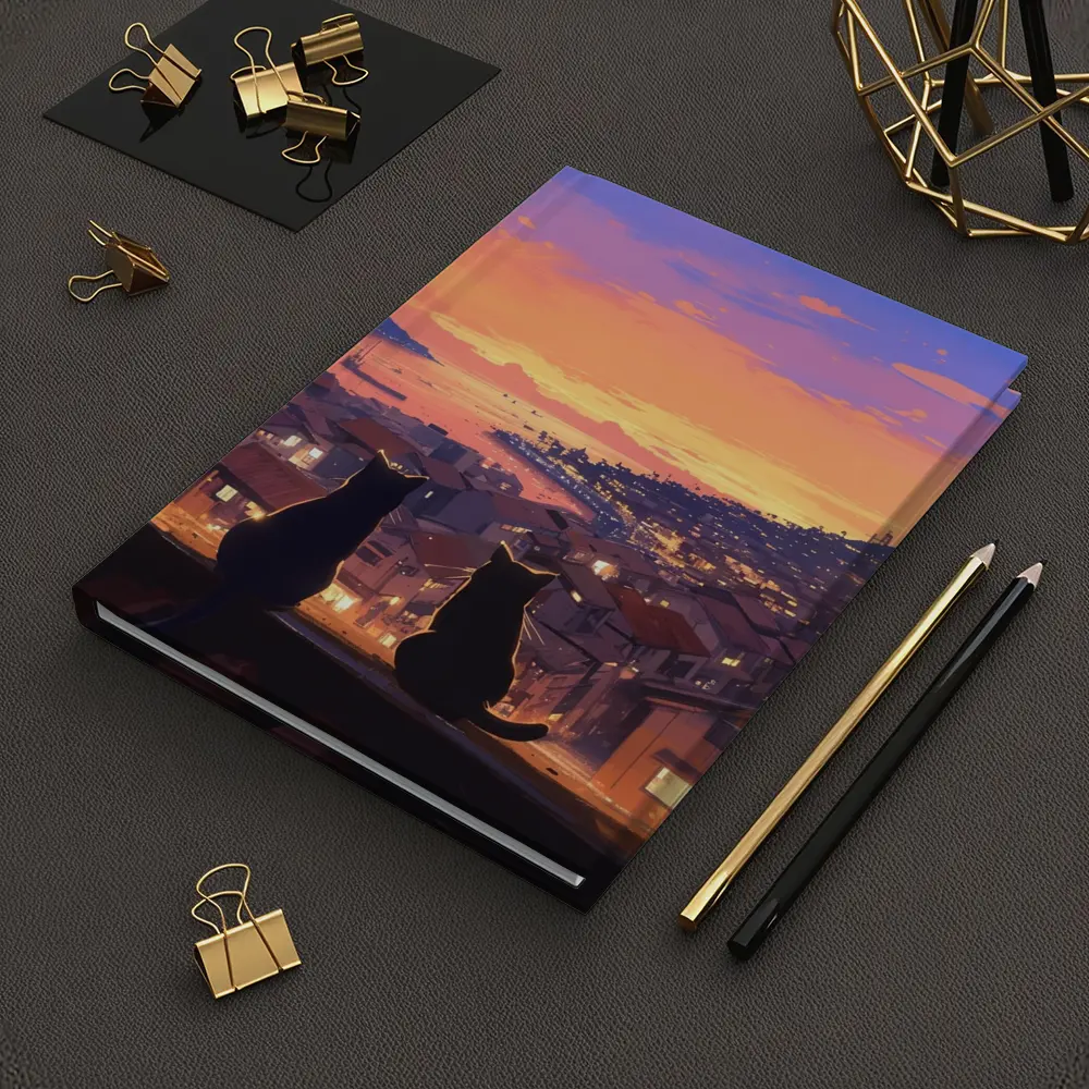 Two Cats Watching Anime City Sunset – Notebooks
