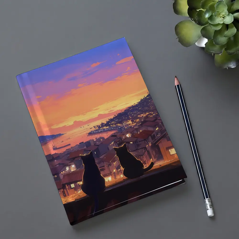 Two Cats Watching Anime City Sunset – Notebooks